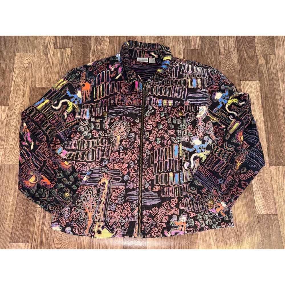Chicos Jacket Women Size 2 Abstract Print Zip‎ Front Colorful Lightweight